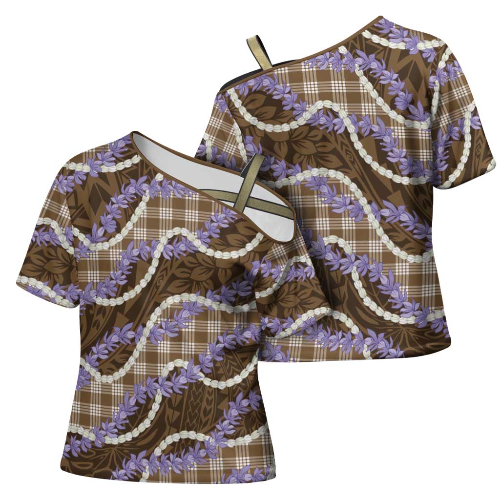Brown Hawaii Palaka Honohono Pikake Cross Shoulder Shirt Hawaiian Orchid Lei Polynesian Pattern - Polynesian Pride