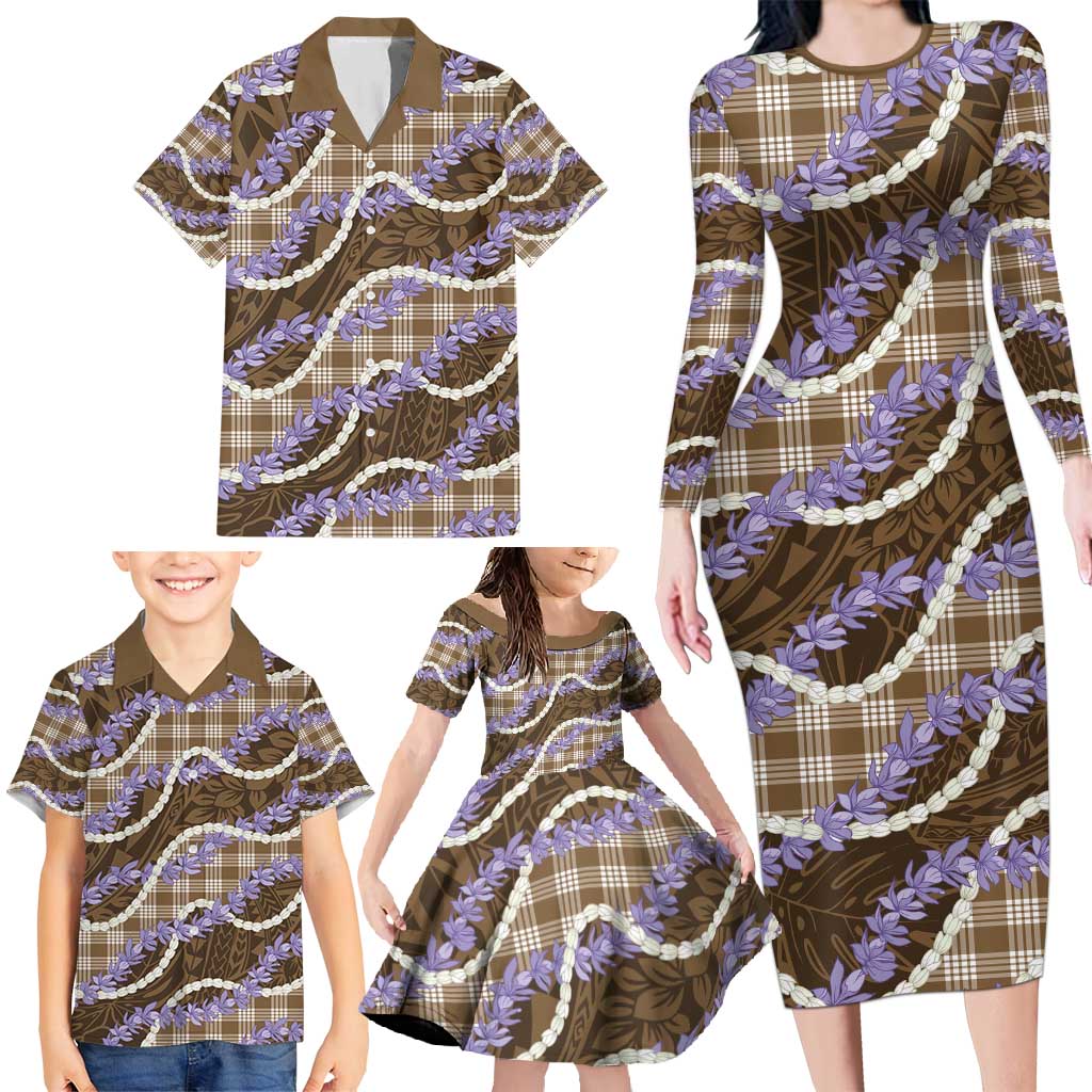 Brown Hawaii Palaka Honohono Pikake Family Matching Long Sleeve Bodycon Dress and Hawaiian Shirt Hawaiian Orchid Lei Polynesian Pattern - Polynesian Pride