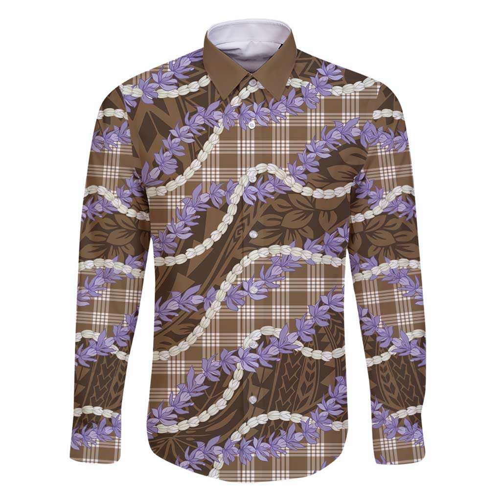 Brown Hawaii Palaka Honohono Pikake Family Matching Long Sleeve Bodycon Dress and Hawaiian Shirt Hawaiian Orchid Lei Polynesian Pattern - Polynesian Pride