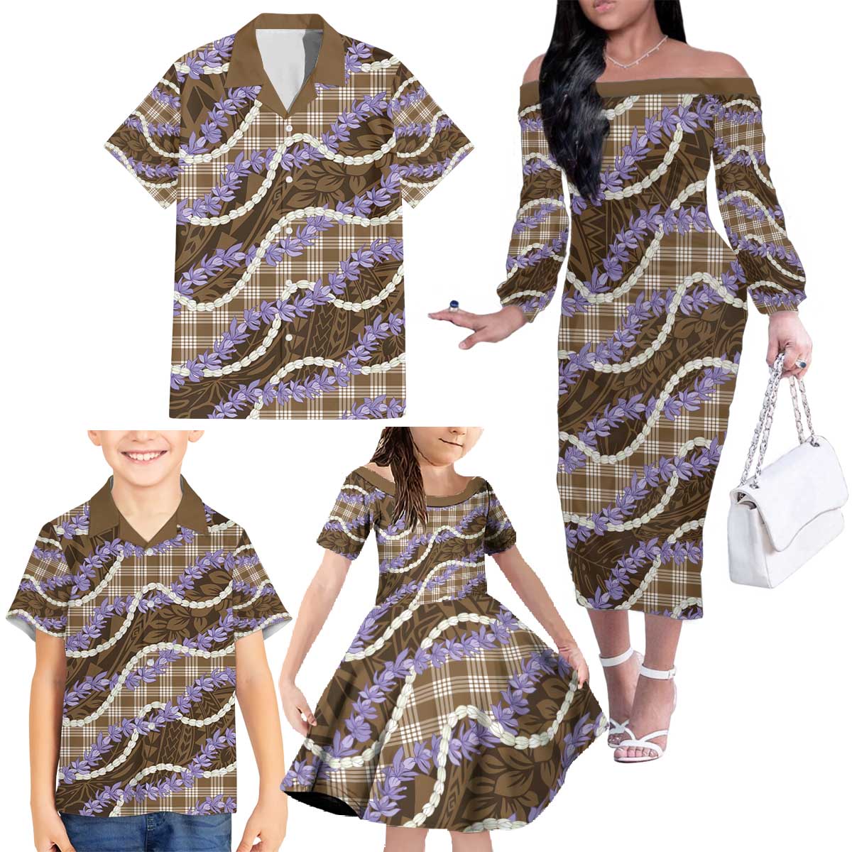 Brown Hawaii Palaka Honohono Pikake Family Matching Off The Shoulder Long Sleeve Dress and Hawaiian Shirt Hawaiian Orchid Lei Polynesian Pattern - Polynesian Pride