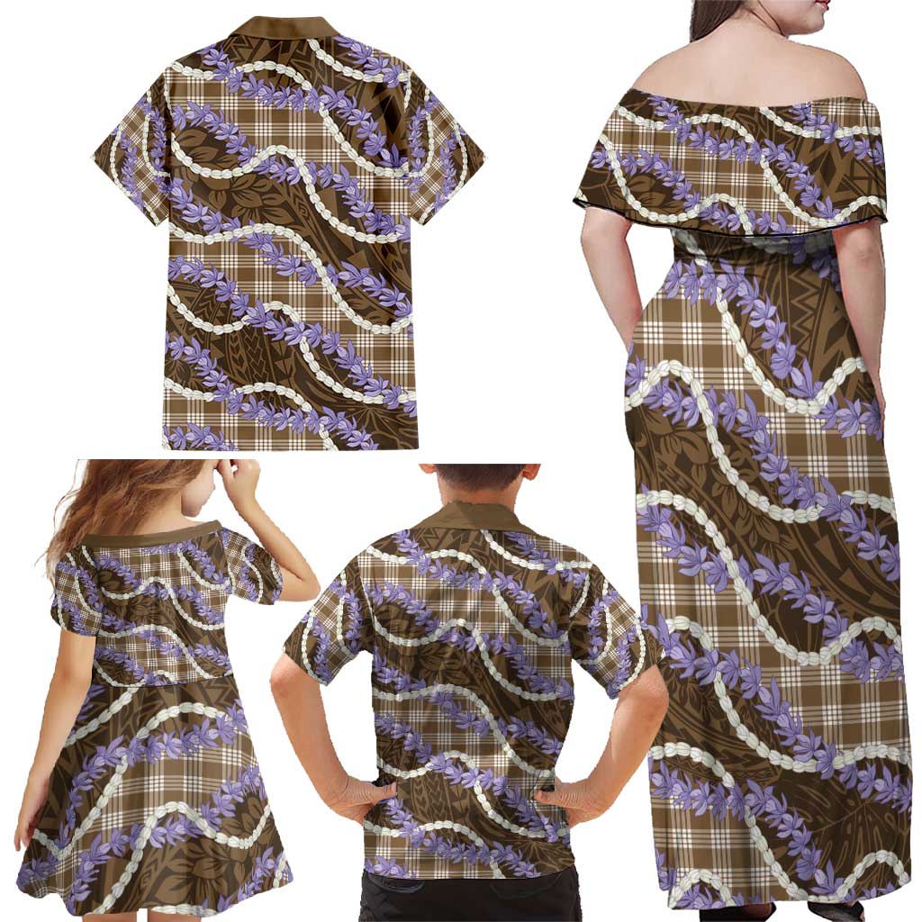 Brown Hawaii Palaka Honohono Pikake Family Matching Off Shoulder Maxi Dress and Hawaiian Shirt Hawaiian Orchid Lei Polynesian Pattern - Polynesian Pride