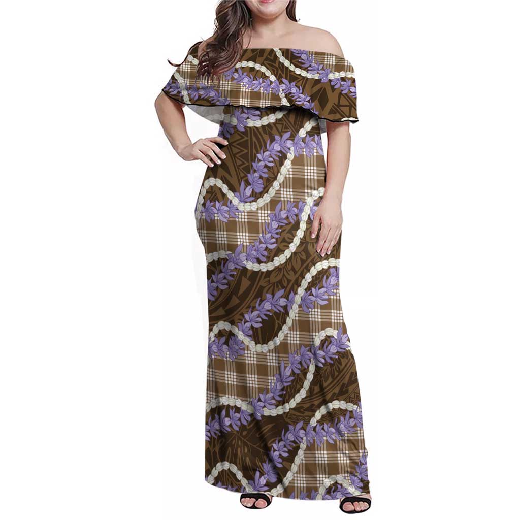 Brown Hawaii Palaka Honohono Pikake Family Matching Off Shoulder Maxi Dress and Hawaiian Shirt Hawaiian Orchid Lei Polynesian Pattern - Polynesian Pride