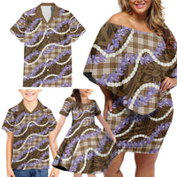 Brown Hawaii Palaka Honohono Pikake Family Matching Off Shoulder Short Dress and Hawaiian Shirt Hawaiian Orchid Lei Polynesian Pattern - Polynesian Pride