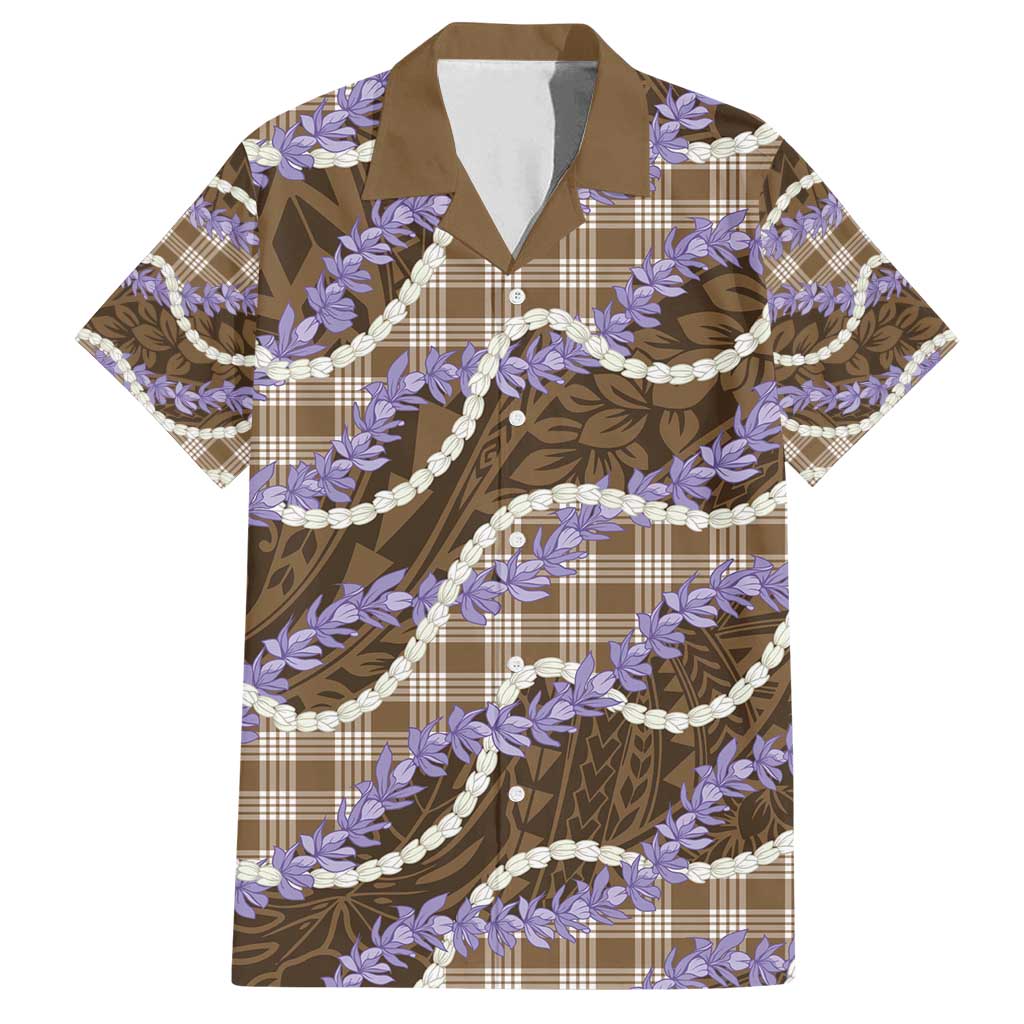 Brown Hawaii Palaka Honohono Pikake Family Matching Off Shoulder Short Dress and Hawaiian Shirt Hawaiian Orchid Lei Polynesian Pattern - Polynesian Pride