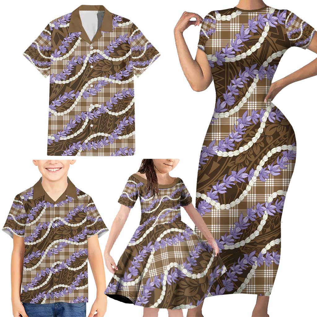 Brown Hawaii Palaka Honohono Pikake Family Matching Short Sleeve Bodycon Dress and Hawaiian Shirt Hawaiian Orchid Lei Polynesian Pattern - Polynesian Pride
