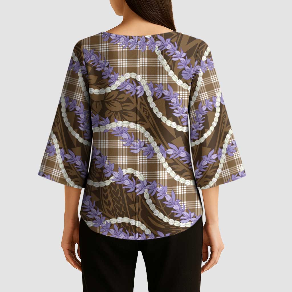 Brown Hawaii Palaka Honohono Pikake Kimono Sleeve Blouse Hawaiian Orchid Lei Polynesian Pattern - Polynesian Pride