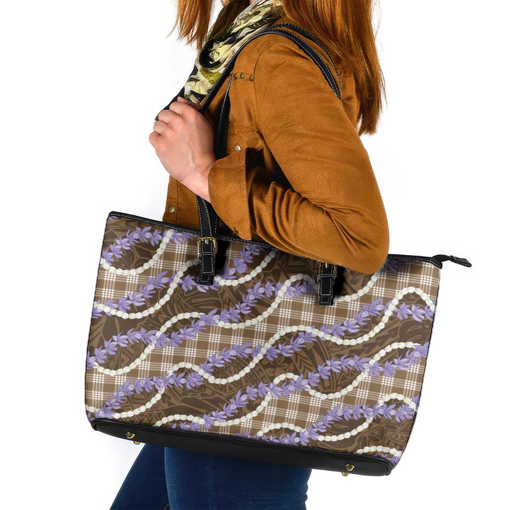 Brown Hawaii Palaka Honohono Pikake Leather Tote Bag Hawaiian Orchid Lei Polynesian Pattern - Polynesian Pride