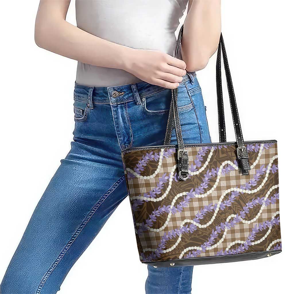 Brown Hawaii Palaka Honohono Pikake Leather Tote Bag Hawaiian Orchid Lei Polynesian Pattern - Polynesian Pride