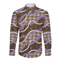 Brown Hawaii Palaka Honohono Pikake Long Sleeve Button Shirt Hawaiian Orchid Lei Polynesian Pattern - Polynesian Pride