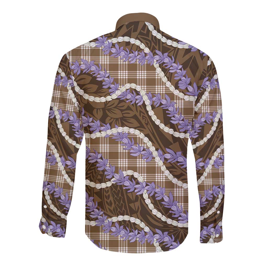 Brown Hawaii Palaka Honohono Pikake Long Sleeve Button Shirt Hawaiian Orchid Lei Polynesian Pattern - Polynesian Pride