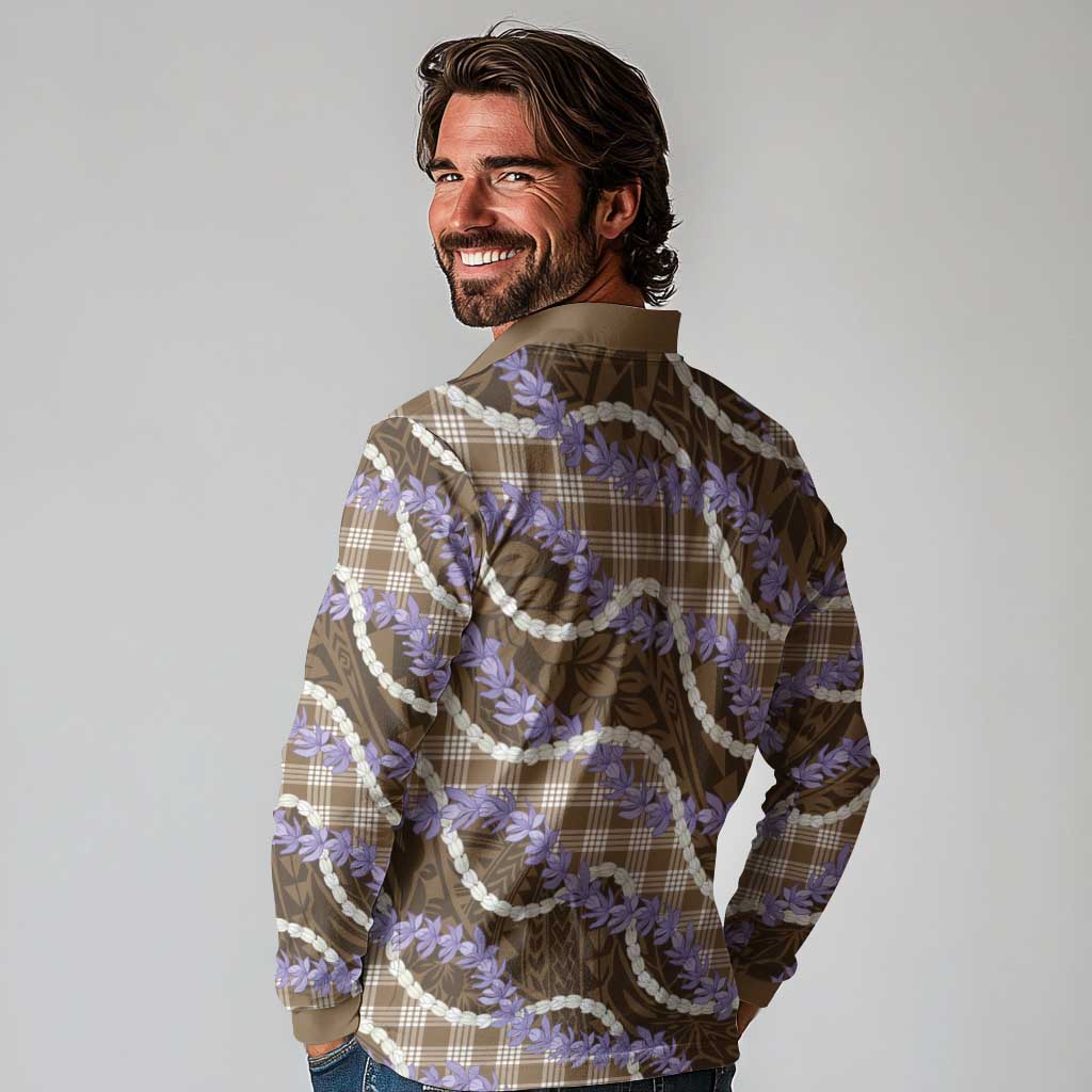 Brown Hawaii Palaka Honohono Pikake Long Sleeve Polo Shirt Hawaiian Orchid Lei Polynesian Pattern - Polynesian Pride