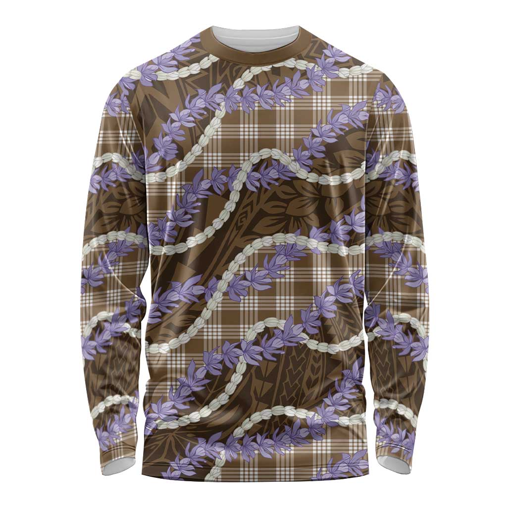 Brown Hawaii Palaka Honohono Pikake Long Sleeve Shirt Hawaiian Orchid Lei Polynesian Pattern - Polynesian Pride