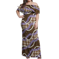 Brown Hawaii Palaka Honohono Pikake Off Shoulder Maxi Dress Hawaiian Orchid Lei Polynesian Pattern - Polynesian Pride