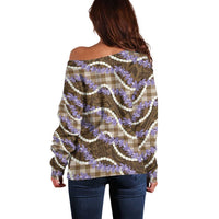 Brown Hawaii Palaka Honohono Pikake Off Shoulder Sweater Hawaiian Orchid Lei Polynesian Pattern - Polynesian Pride