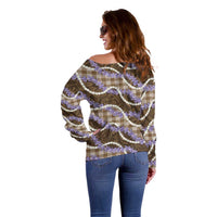 Brown Hawaii Palaka Honohono Pikake Off Shoulder Sweater Hawaiian Orchid Lei Polynesian Pattern - Polynesian Pride