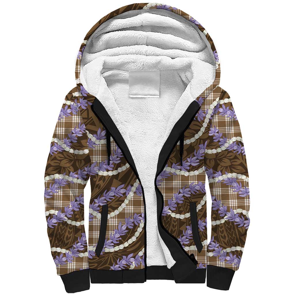 Brown Hawaii Palaka Honohono Pikake Sherpa Hoodie Hawaiian Orchid Lei Polynesian Pattern - Polynesian Pride