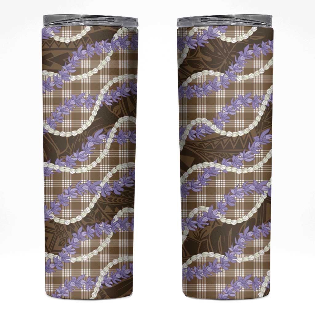 Brown Hawaii Palaka Honohono Pikake Skinny Tumbler Hawaiian Orchid Lei Polynesian Pattern - Polynesian Pride