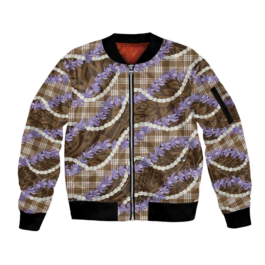 Brown Hawaii Palaka Honohono Pikake Sleeve Zip Bomber Jacket Hawaiian Orchid Lei Polynesian Pattern - Polynesian Pride