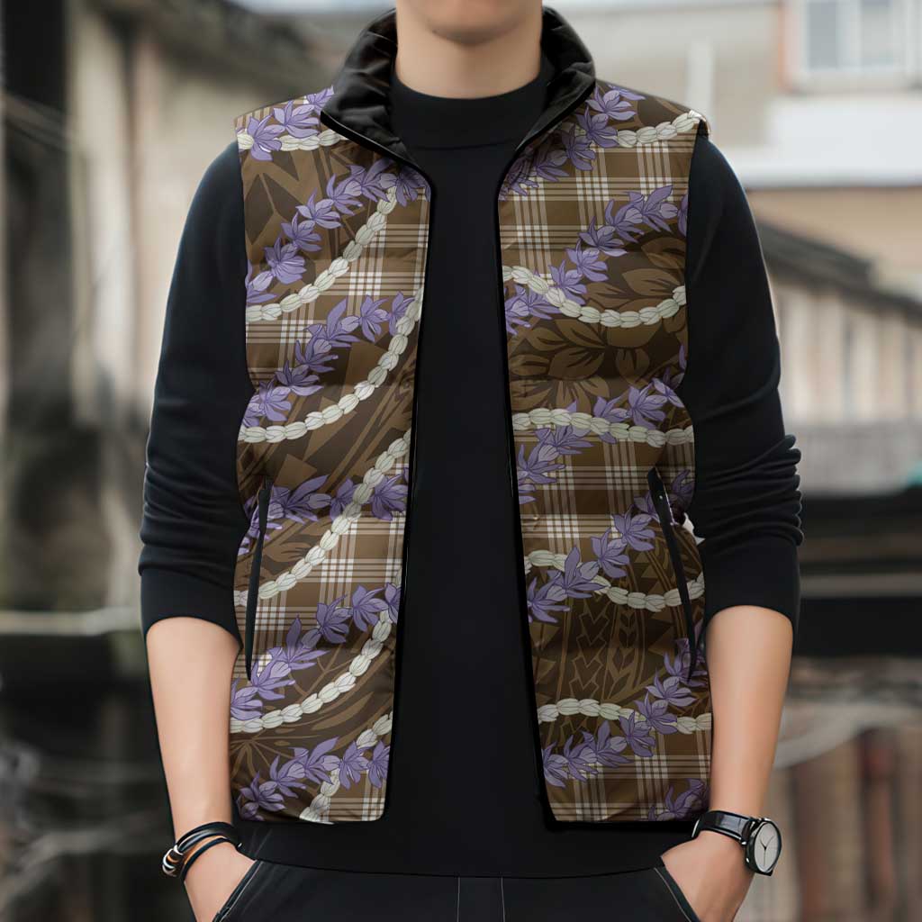Brown Hawaii Palaka Honohono Pikake Sleeveless Puffer Jacket Hawaiian Orchid Lei Polynesian Pattern - Polynesian Pride