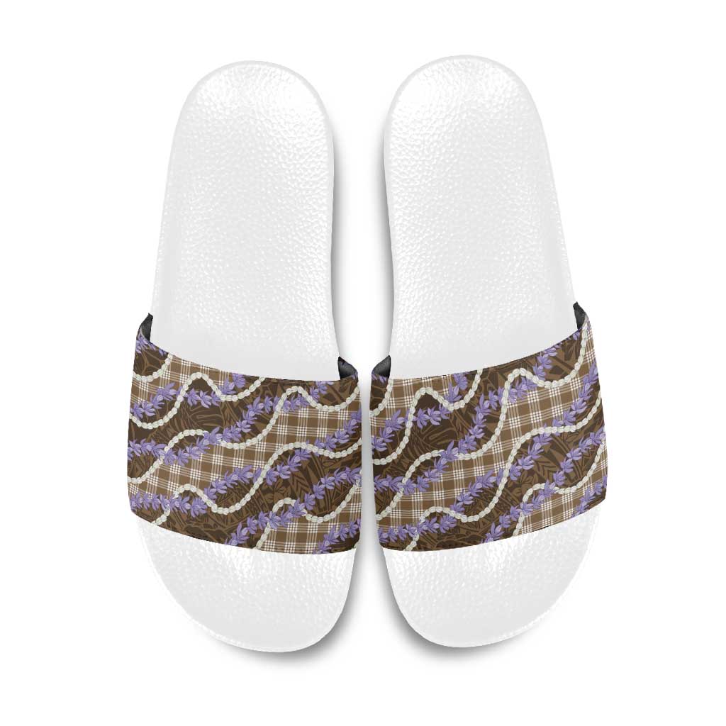 Brown Hawaii Palaka Honohono Pikake Slide Sandals Hawaiian Orchid Lei Polynesian Pattern - Polynesian Pride