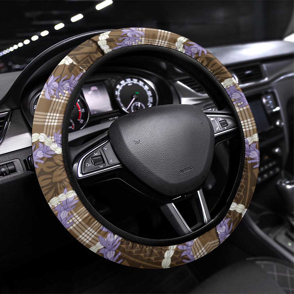 Brown Hawaii Palaka Honohono Pikake Steering Wheel Cover Hawaiian Orchid Lei Polynesian Pattern - Polynesian Pride