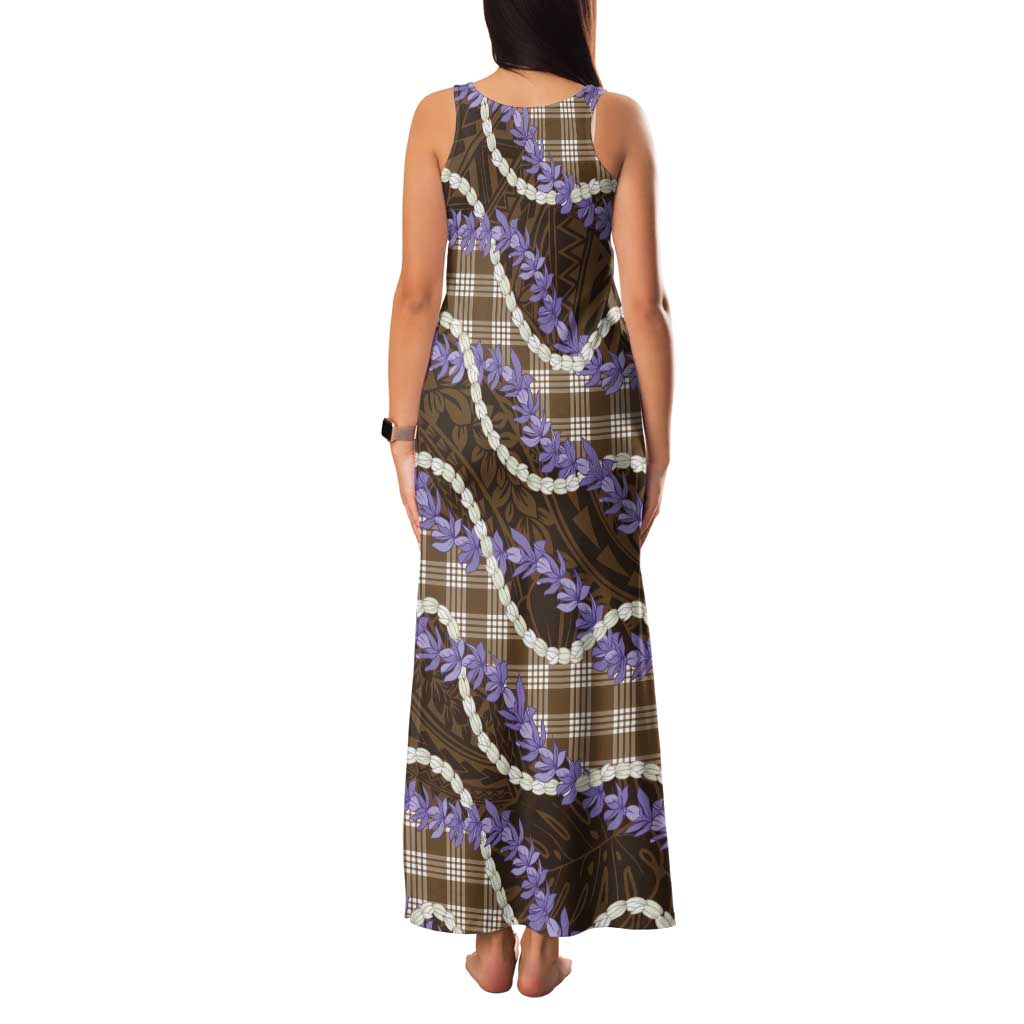 Brown Hawaii Palaka Honohono Pikake Tank Maxi Dress Hawaiian Orchid Lei Polynesian Pattern - Polynesian Pride