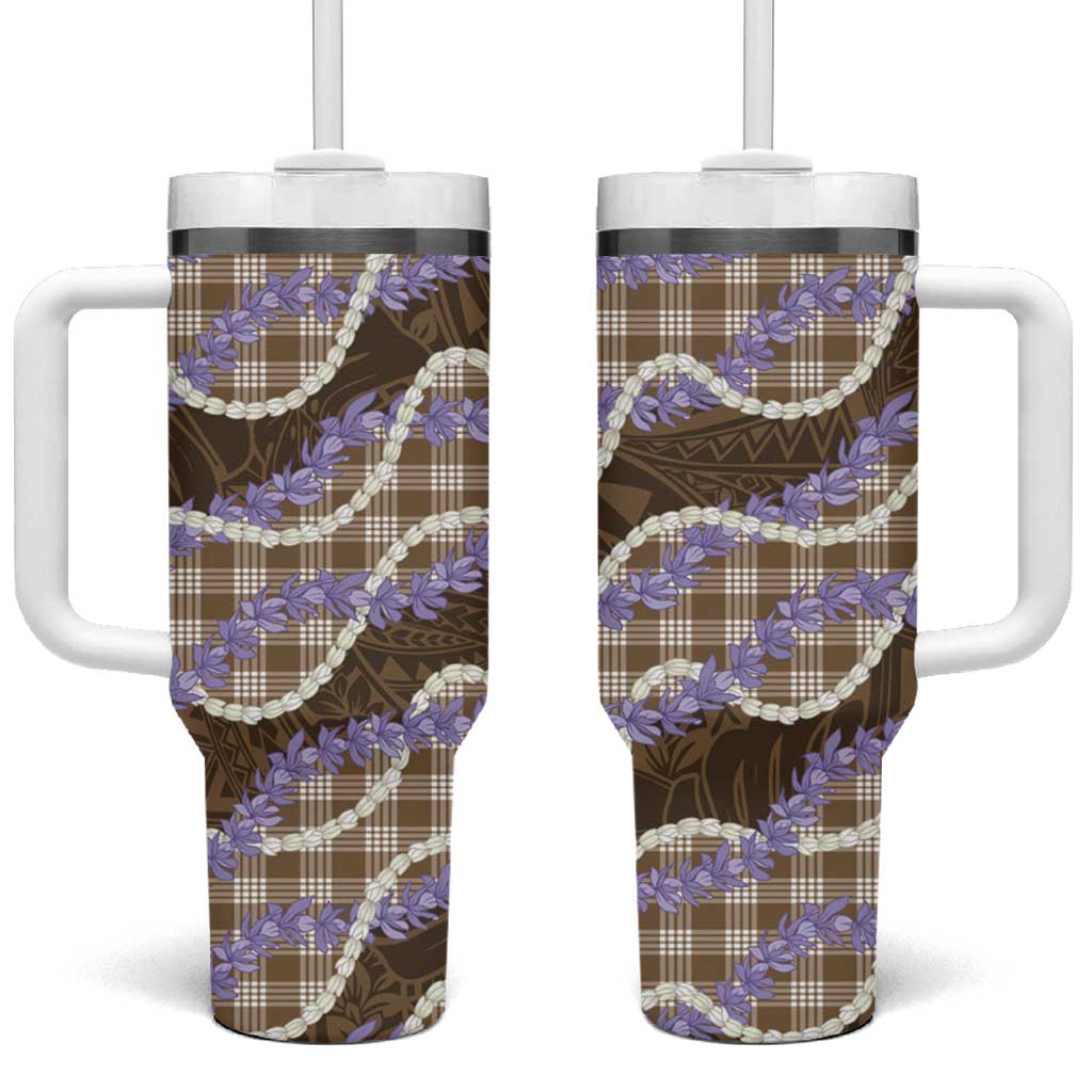 Brown Hawaii Palaka Honohono Pikake Tumbler With Handle Hawaiian Orchid Lei Polynesian Pattern - Polynesian Pride