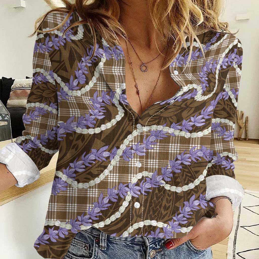 Brown Hawaii Palaka Honohono Pikake Women Casual Shirt Hawaiian Orchid Lei Polynesian Pattern - Polynesian Pride