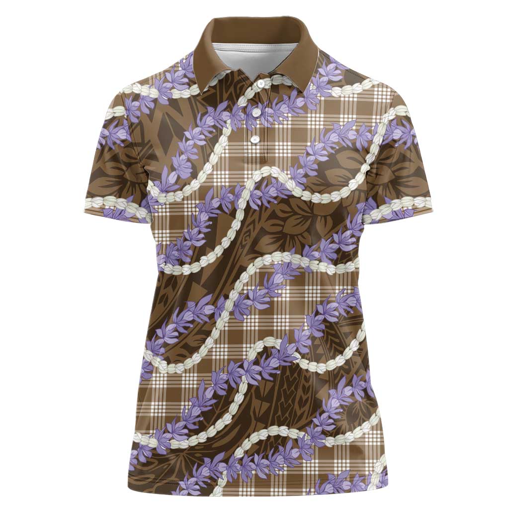 Brown Hawaii Palaka Honohono Pikake Women Polo Shirt Hawaiian Orchid Lei Polynesian Pattern - Polynesian Pride