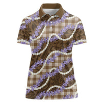 Brown Hawaii Palaka Honohono Pikake Women Polo Shirt Hawaiian Orchid Lei Polynesian Pattern - Polynesian Pride