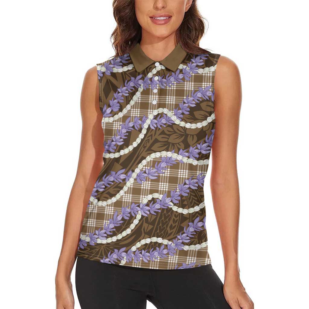 Brown Hawaii Palaka Honohono Pikake Women Sleeveless Polo Shirt Hawaiian Orchid Lei Polynesian Pattern - Polynesian Pride