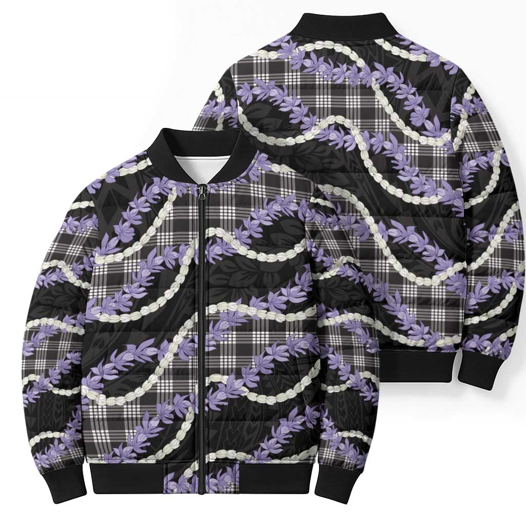Black Hawaii Palaka Honohono Pikake Bomber Puffer Jacket Hawaiian Orchid Lei Polynesian Pattern - Polynesian Pride