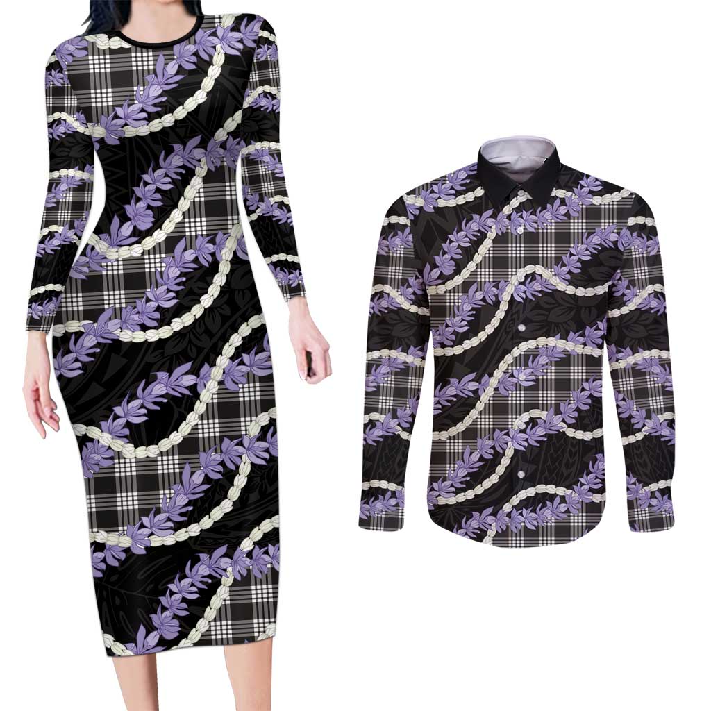Black Hawaii Palaka Honohono Pikake Couples Matching Long Sleeve Bodycon Dress and Long Sleeve Button Shirt Hawaiian Orchid Lei Polynesian Pattern - Polynesian Pride