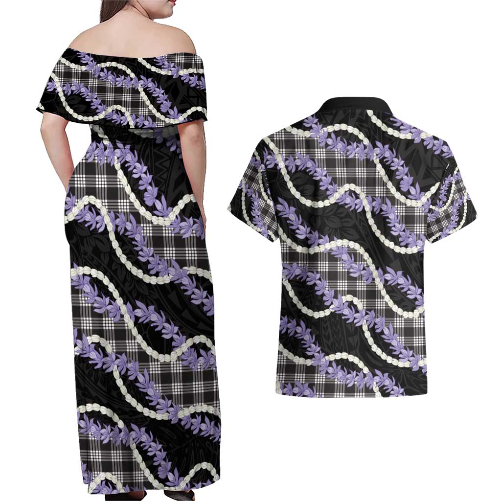 Black Hawaii Palaka Honohono Pikake Couples Matching Off Shoulder Maxi Dress and Hawaiian Shirt Hawaiian Orchid Lei Polynesian Pattern - Polynesian Pride