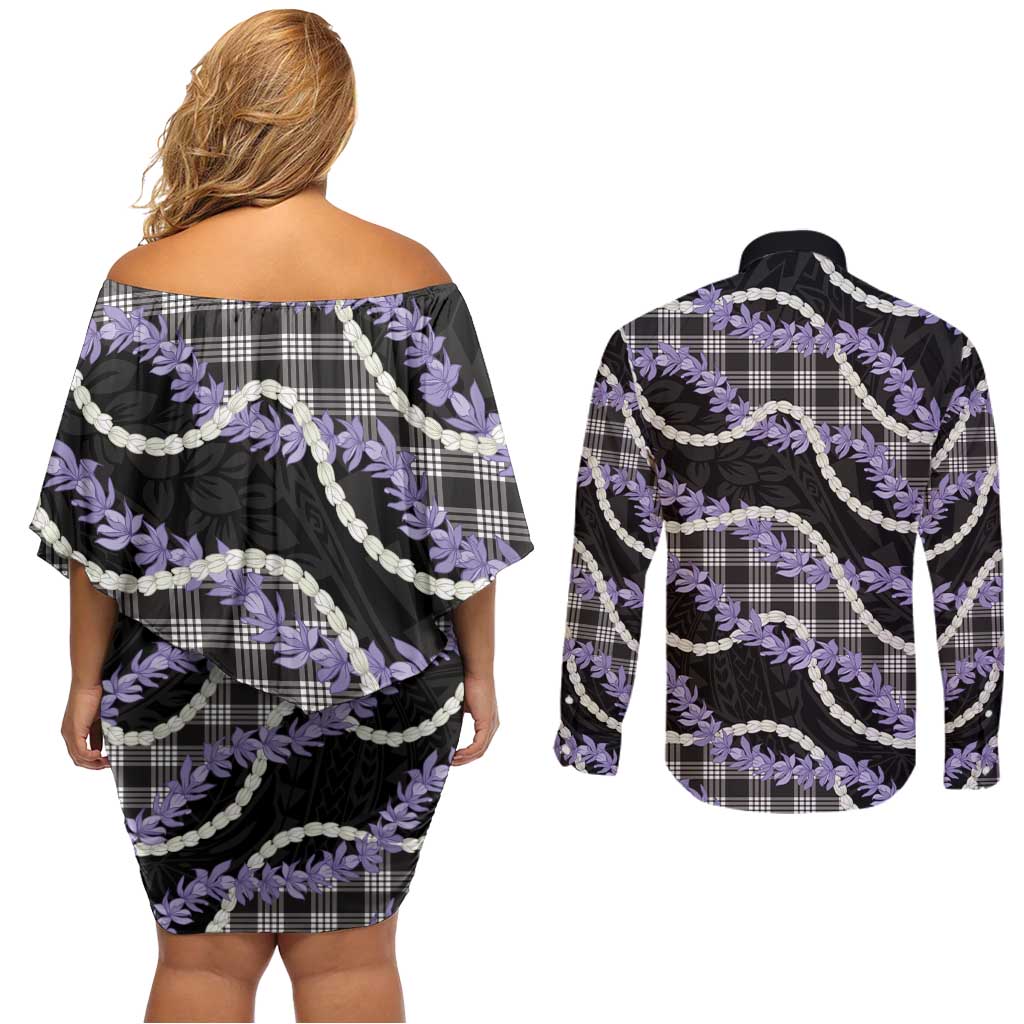 Black Hawaii Palaka Honohono Pikake Couples Matching Off Shoulder Short Dress and Long Sleeve Button Shirt Hawaiian Orchid Lei Polynesian Pattern - Polynesian Pride