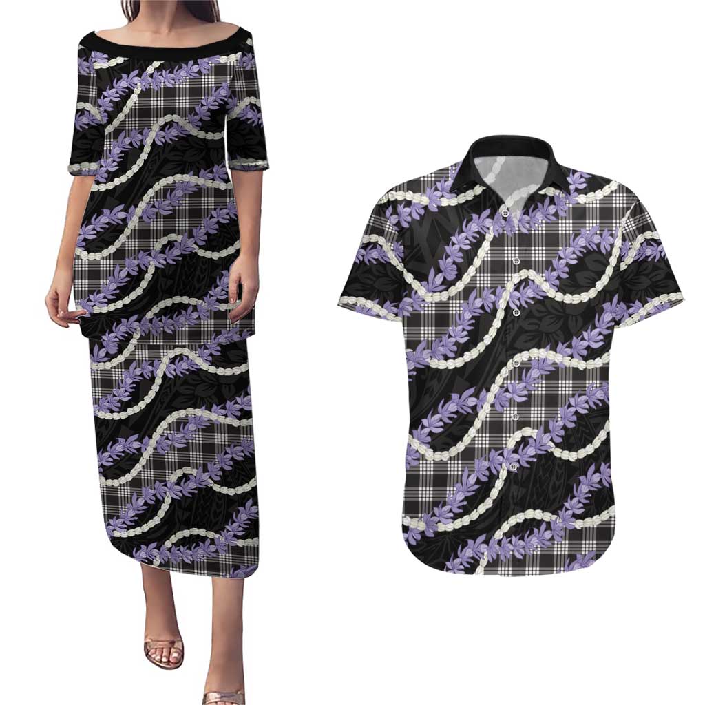 Black Hawaii Palaka Honohono Pikake Couples Matching Puletasi and Hawaiian Shirt Hawaiian Orchid Lei Polynesian Pattern - Polynesian Pride