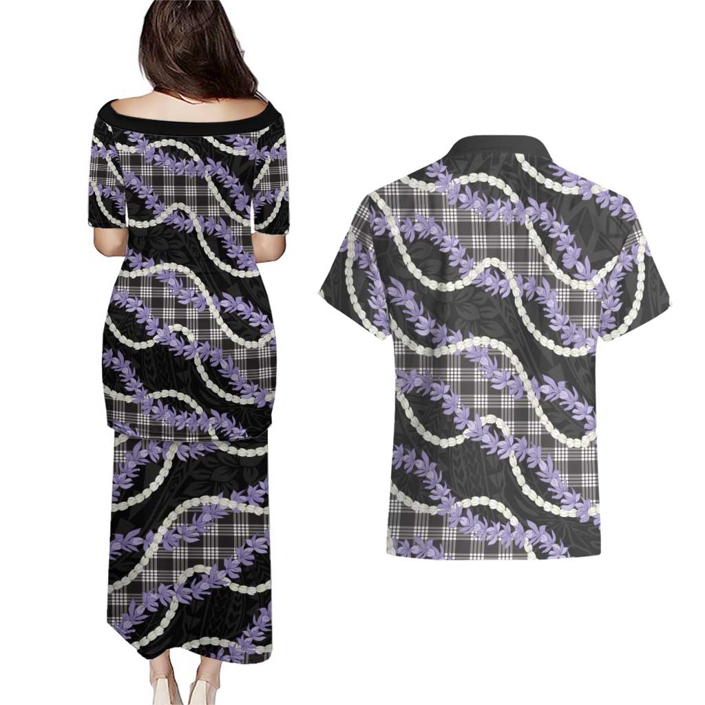 Black Hawaii Palaka Honohono Pikake Couples Matching Puletasi and Hawaiian Shirt Hawaiian Orchid Lei Polynesian Pattern - Polynesian Pride