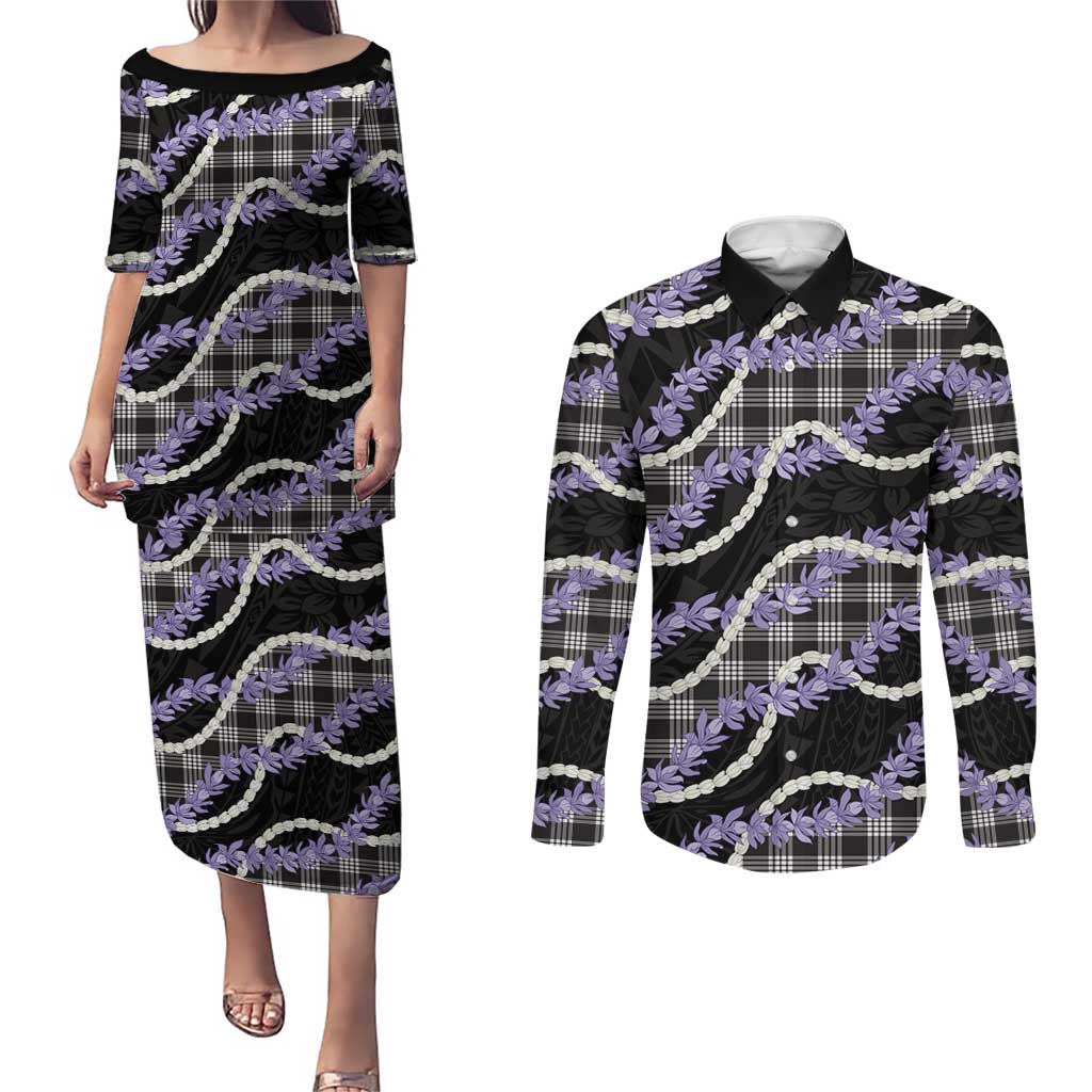 Black Hawaii Palaka Honohono Pikake Couples Matching Puletasi and Long Sleeve Button Shirt Hawaiian Orchid Lei Polynesian Pattern - Polynesian Pride