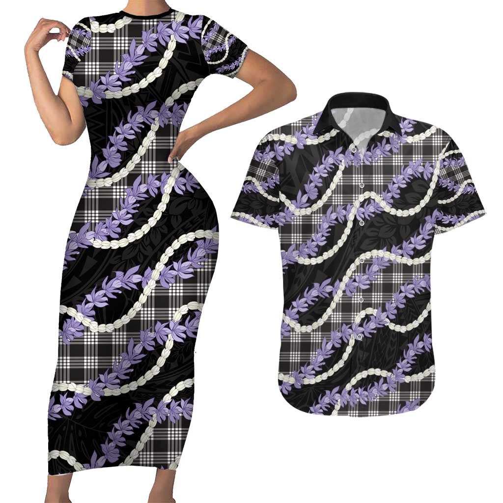 Black Hawaii Palaka Honohono Pikake Couples Matching Short Sleeve Bodycon Dress and Hawaiian Shirt Hawaiian Orchid Lei Polynesian Pattern - Polynesian Pride