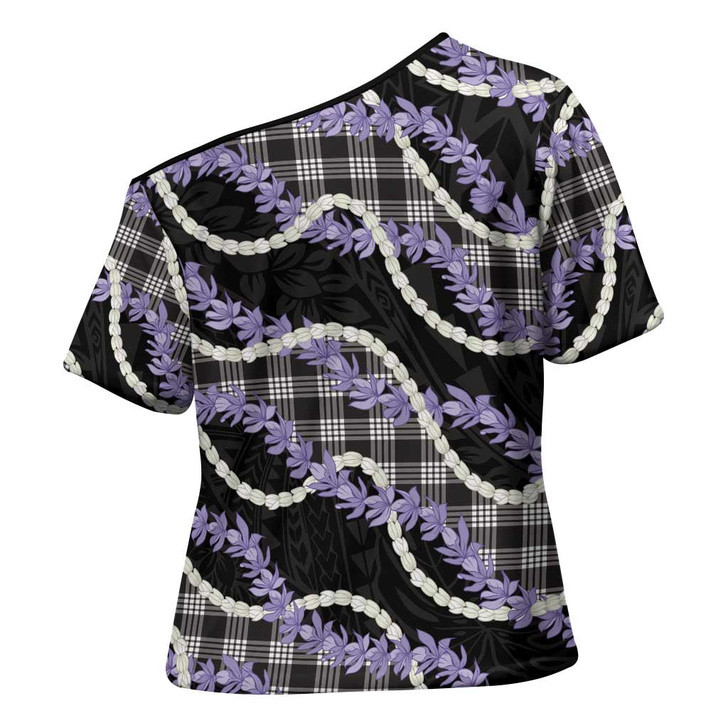 Black Hawaii Palaka Honohono Pikake Cross Shoulder Shirt Hawaiian Orchid Lei Polynesian Pattern - Polynesian Pride