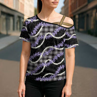 Black Hawaii Palaka Honohono Pikake Cross Shoulder Shirt Hawaiian Orchid Lei Polynesian Pattern - Polynesian Pride