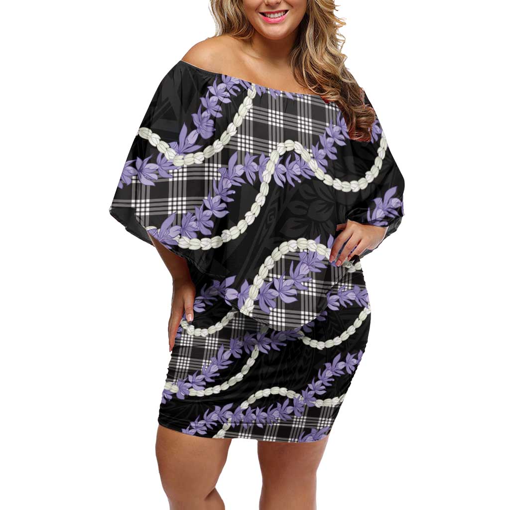 Black Hawaii Palaka Honohono Pikake Family Matching Off Shoulder Short Dress and Hawaiian Shirt Hawaiian Orchid Lei Polynesian Pattern - Polynesian Pride