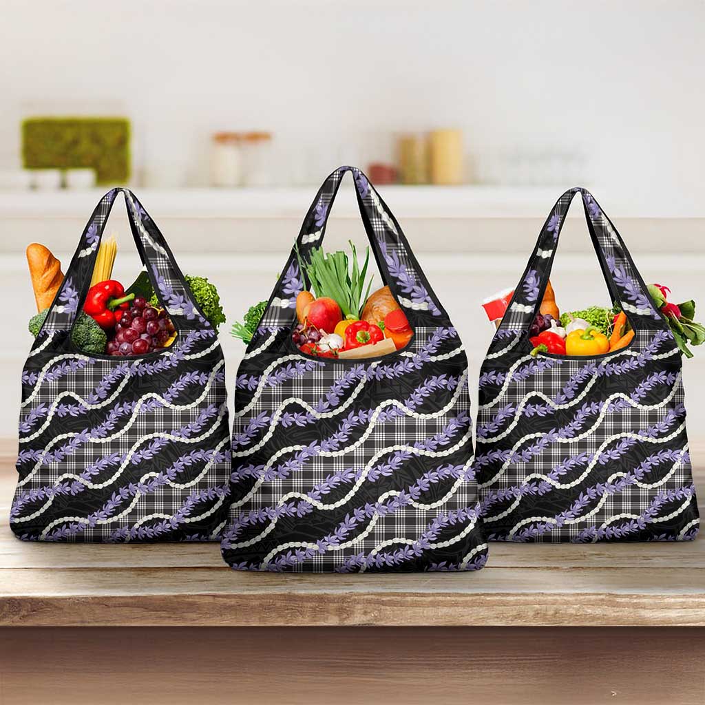 Black Hawaii Palaka Honohono Pikake Grocery Bag Hawaiian Orchid Lei Polynesian Pattern - Polynesian Pride