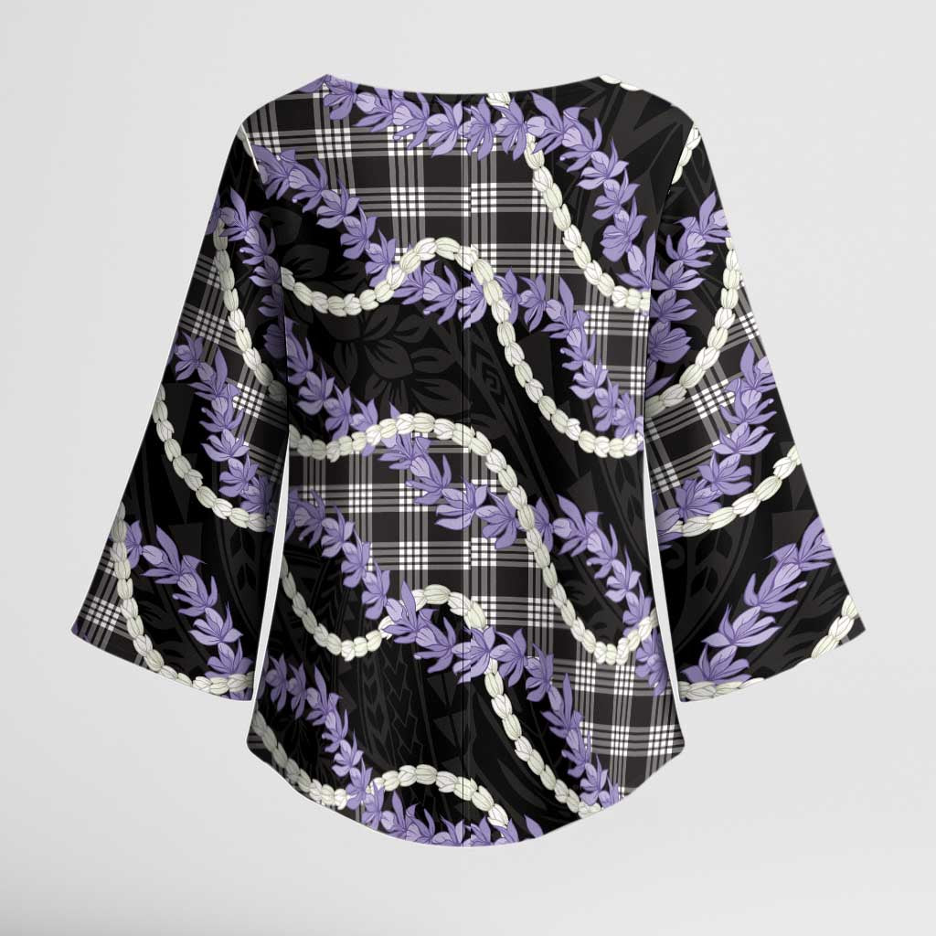 Black Hawaii Palaka Honohono Pikake Kimono Sleeve Blouse Hawaiian Orchid Lei Polynesian Pattern - Polynesian Pride