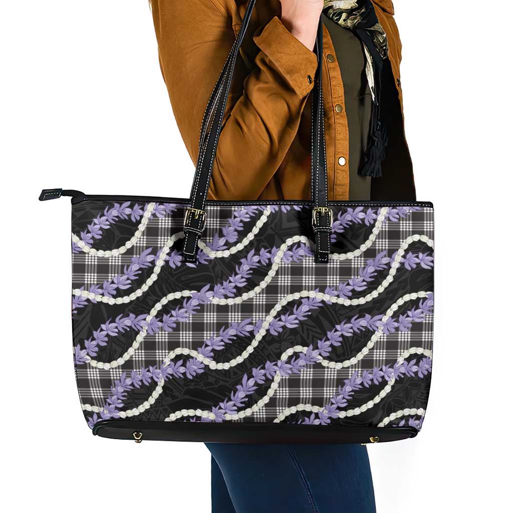 Black Hawaii Palaka Honohono Pikake Leather Tote Bag Hawaiian Orchid Lei Polynesian Pattern - Polynesian Pride