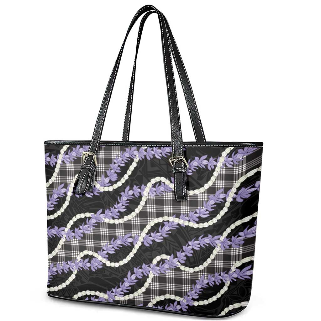 Black Hawaii Palaka Honohono Pikake Leather Tote Bag Hawaiian Orchid Lei Polynesian Pattern - Polynesian Pride