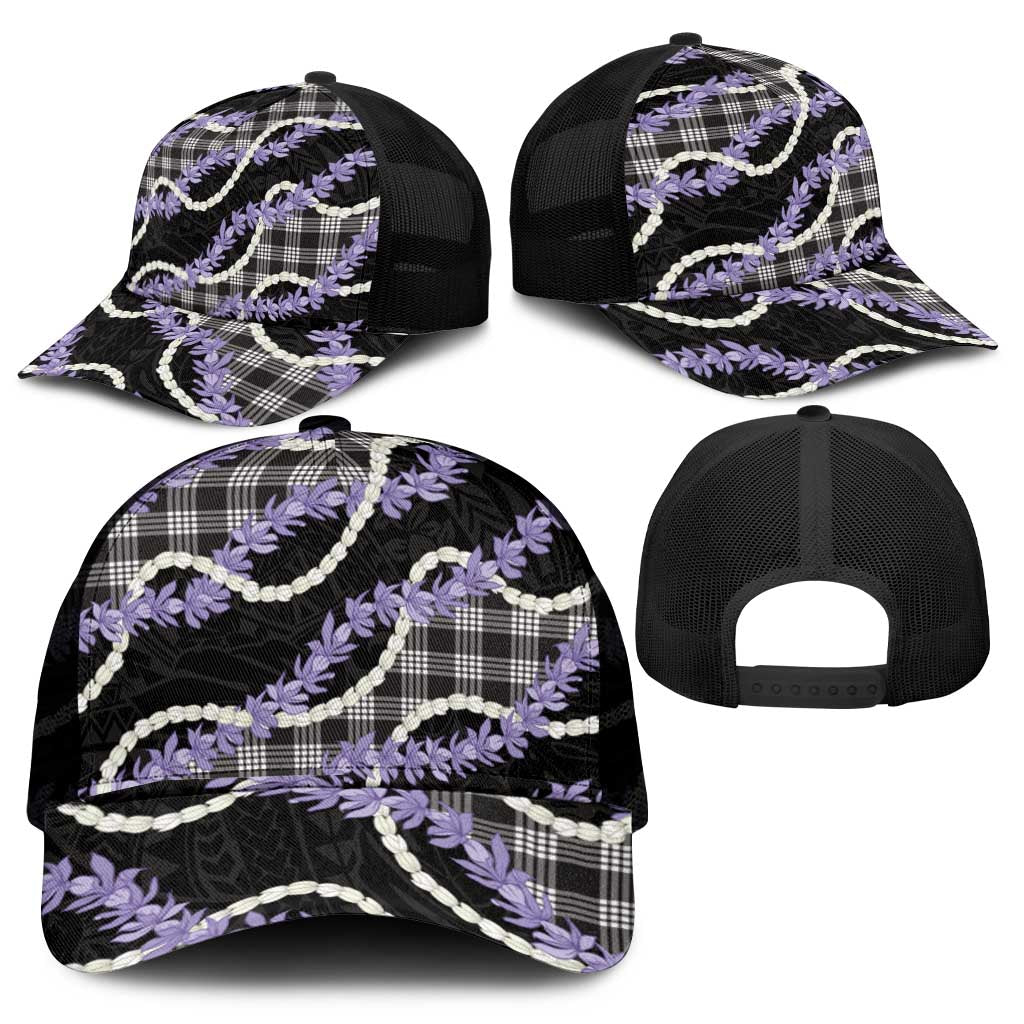 Black Hawaii Palaka Honohono Pikake Mesh Trucker Cap Hawaiian Orchid Lei Polynesian Pattern - Polynesian Pride