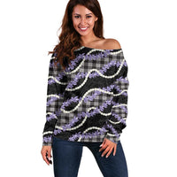Black Hawaii Palaka Honohono Pikake Off Shoulder Sweater Hawaiian Orchid Lei Polynesian Pattern - Polynesian Pride