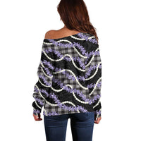Black Hawaii Palaka Honohono Pikake Off Shoulder Sweater Hawaiian Orchid Lei Polynesian Pattern - Polynesian Pride