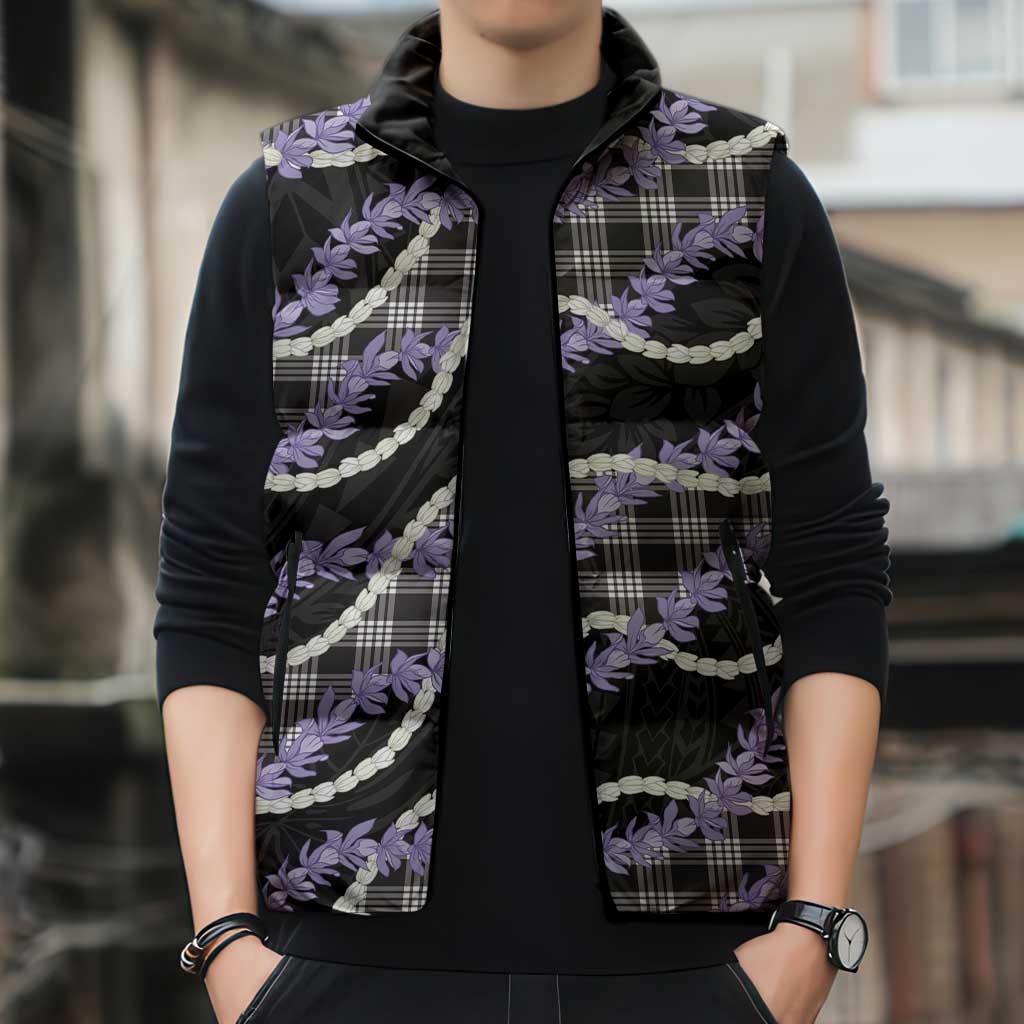 Black Hawaii Palaka Honohono Pikake Sleeveless Puffer Jacket Hawaiian Orchid Lei Polynesian Pattern - Polynesian Pride